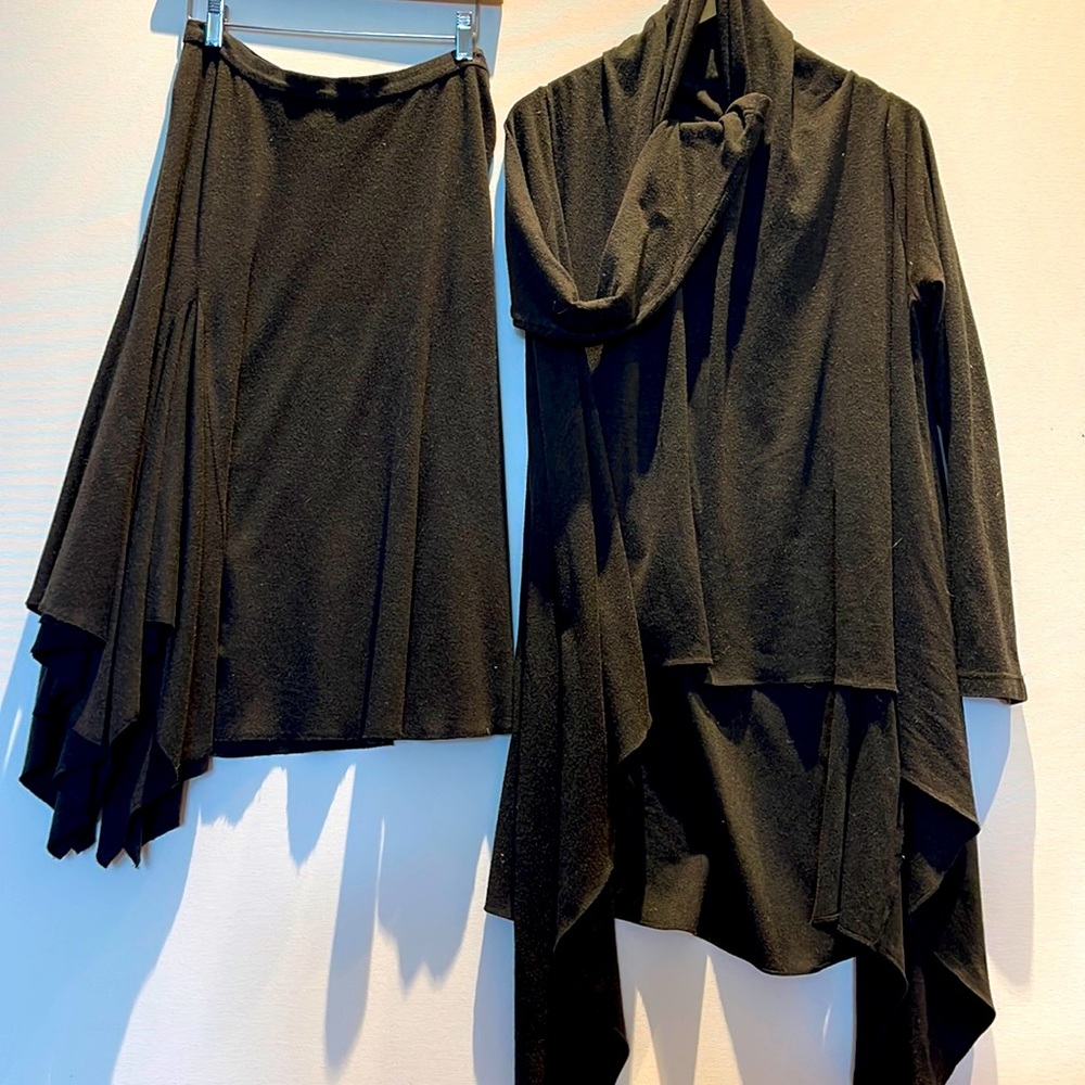 Beautiful charcoal gray 2 piece stylish skirt and wrap flowing top.